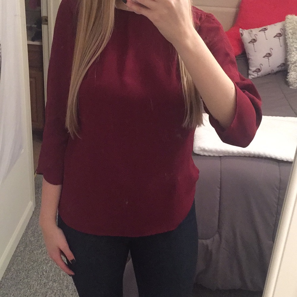 Burgundy 3/4 Blouse with Keyhole Back